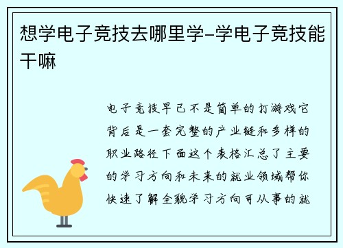 想学电子竞技去哪里学-学电子竞技能干嘛